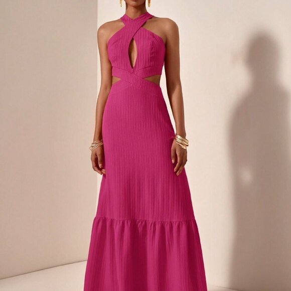 Hot Pink Sexy Women's Cross Halter Neck Backless Maxi Dress - Picture 1 of 7